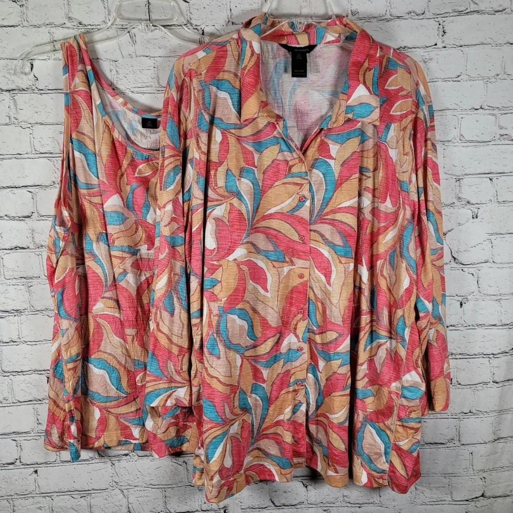 Ali Miles Twin Set Womens 3X Coral Turquoise Abstract Leaf Print Excellent Slub